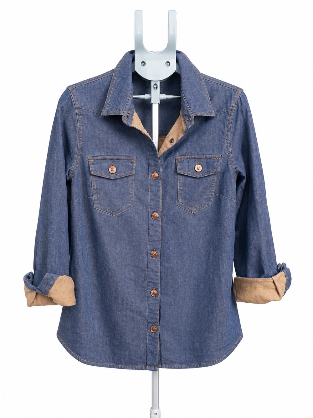 CAbi Workshop Jacket Blue Denim Shirt Yellow Lining Brass Buttons Size L 4299